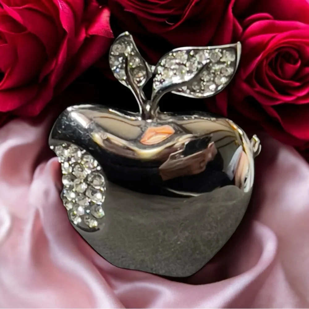 Silver and Rhinestone Apple Brooch - Picture 1 of 7